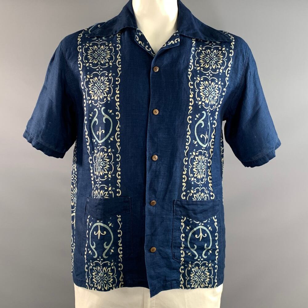 KAPITAL Size L Navy Blue Abstract Floral Linen Camp Short Sleeve Shirt